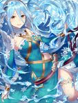  1girl aqua_hair azura_(fire_emblem) dress fingerless_gloves fire_emblem fire_emblem_fates fire_emblem_heroes gloves hair_between_eyes haru_(nakajou-28) highres long_hair open_mouth solo veil white_gloves yellow_eyes 