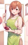  1girl apron bowl brown_eyes brown_hair commentary_request cowboy_shot highres holding indoors kinjo_no_nanako-san kitchen komeshiro_kasu ladle long_hair long_sleeves looking_at_viewer nanako-san open_mouth ribbed_sweater smile solo standing sweater white_sweater 