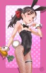  1girl animal_ears armpit_crease black_hair breasts bunny_ears bunny_hair_ornament bunny_tail bunnysuit cameltoe carrot collar covered_nipples fishnet_legwear fishnets hair_ornament hair_ribbon hounyouin lips looking_at_viewer navel open_mouth original ponytail ribbon sleeve_cuffs small_breasts solo tail tight 