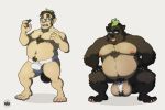  anthro balls barefoot big_balls body_hair brown_hair canid canine chest_hair chest_tuft clothed clothing eyewear genitals glasses hair huge_balls human human_to_anthro jockstrap leaf male mammal navel nipples overweight overweight_male raccoon_dog simple_background sky3 solo species_transformation tanuki tongue tongue_out topless transformation tuft underwear white_background 