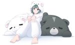  1girl animal animal_costume animal_ears animal_hood bangs barefoot bear bear_costume bear_ears bear_hood check_commentary closed_mouth commentary_request feet full_body green_hair highres hood hood_up knees_up kuma_kuma_kuma_bear kumakyuu_(kuma_kuma_kuma_bear) kumayuru_(kuma_kuma_kuma_bear) long_sleeves looking_at_viewer purple_eyes simple_background sitting smile toes tomcat white_background yuna_(kuma_kuma_kuma_bear) 