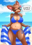 &lt;3 2020 alfa995 animal_crossing anthro beach bikini black_nose blush breasts cervid clothed clothing cloud dialogue digital_media_(artwork) english_text eyelashes fauna_(animal_crossing) female hi_res mammal navel nintendo one_eye_closed open_mouth open_smile outside seaside sky smile solo speech_bubble swimwear talking_to_viewer text video_games water wink 