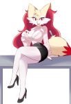  2020 absurd_res anthro braixen breasts canid claws cleavage clothed clothing crossed_legs dipstick_tail eyelashes fangs female footwear fur hi_res high_heels inner_ear_fluff looking_at_viewer lucyfercomic mammal multicolored_body multicolored_fur multicolored_tail nintendo open_mouth pok&eacute;mon pok&eacute;mon_(species) red_eyes red_nose shoes solo tuft video_games 