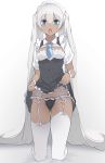  1girl :o ass_visible_through_thighs bangs black_panties black_skirt blue_neckwear blush breasts cleavage_cutout commentary_request dark_skin eyebrows_visible_through_hair full_body garter_belt gradient gradient_background grey_background groin high-waist_skirt kasshoku-chan_(katuo1129) katuo1129 kneeling lifted_by_self long_hair looking_at_viewer maid maid_headdress necktie open_mouth original panties shirt short_sleeves silver_hair skirt skirt_lift small_breasts solo straight_hair thighhighs underwear very_long_hair white_legwear white_shirt wrist_cuffs 