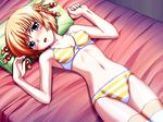  bed blonde_hair blue_eyes blush bra braid breasts game_cg kanisawa_kinu lingerie lying on_back open_mouth panties pillow shironeko_sanbou short_hair small_breasts solo striped striped_panties thighhighs tsuyokiss underwear underwear_only 