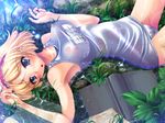  alice_margatroid armpits blonde_hair blue_eyes blush book breasts covered_nipples hairband ichio lying medium_breasts nipples one-piece_swimsuit ribbon school_swimsuit see-through shiny shiny_clothes short_hair solo swimsuit touhou translated water wet wet_clothes white_school_swimsuit white_swimsuit 