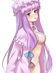  :p blush bow breasts capelet covered_nipples groin hair_bow hat ket-c long_hair medium_breasts navel open_clothes open_robe patchouli_knowledge pink_bow purple_eyes purple_hair robe simple_background solo tongue tongue_out touhou 