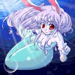  animal_ears blush breasts bubble bunny_ears hair_censor hair_over_breasts light_rays light_smile long_hair lowres mermaid monster_girl natsumi_akira nude purple_hair red_eyes reisen_udongein_inaba solo sunbeam sunlight touhou underwater 
