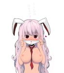  animal_ears between_breasts blush bow bow_panties breasts bunny_ears heart holding holding_panties itou_life large_breasts long_hair necktie necktie_between_breasts nude panties pink_hair red_eyes red_neckwear reisen_udongein_inaba simple_background solo touhou translated underwear upper_body wet wet_clothes wet_panties white_background white_panties 