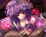 bed book breasts downblouse glowing medium_breasts nipple_slip nipples patchouli_knowledge pillow purple_hair red_eyes senria solo touhou 