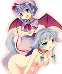  animal_ears bandages bandaid bandaids_on_nipples bat_wings breasts collar dog_ears dog_tail hat izayoi_sakuya kemonomimi_mode leash multiple_girls nude pasties pink_hat remilia_scarlet subaru_(yachika) tail touhou wings 