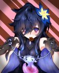  1girl armpits blush chocolate chocolate_heart elsword eyebrows_visible_through_hair feathers flower hair_flower hair_ornament hair_over_one_eye heart highres long_hair nisha_(elsword) nisha_labyrinth_(elsword) qq1009988 