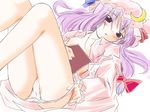  ass blush book breasts cinki dress_shirt hair_ribbon hat legs legs_up long_hair long_sleeves lying medium_breasts nipples no_pants on_back open_clothes open_shirt panties panty_pull patchouli_knowledge pink_panties purple_eyes purple_hair ribbon shirt solo touhou underwear 