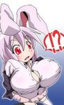  1girl animal_ears bangs blazer blush breasts bunny_ears bursting_breasts cleavage d: dress_shirt gorohati huge_breasts jacket long_hair miniskirt open_mouth pale_skin perspective purple_hair red_eyes reisen_udongein_inaba shirt skirt solo standing taut_clothes taut_shirt thighhighs touhou undressing white_legwear 