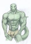 2020 5_fingers abs anthro biceps big_muscles bulge clothed clothing fantdragon fingers green_body green_eyes green_scales green_skin green_tail hi_res lizard looking_at_viewer male muscular muscular_male navel pecs reptile scales scalie simple_background smile solo standing topless traditional_media_(artwork) triceps underwear 