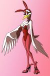  anthro avian bird clothed clothing collar crane_(bird) female footwear gruiform grus_(genus) headgear headwear hi_res high_heels legwear looking_at_viewer pantyhose playboy_bunny red-crowned_crane shoes simple_background skimpy smile solo thelonecrow whitephoenix52_(artist) yuriko 