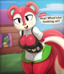  2020 absurd_res animal_crossing anthro big_breasts black_eyes breasts cleavage clothed clothing dialogue digital_media_(artwork) english_text female fur hands_behind_back hi_res lipstick looking_at_viewer makeup mammal miso_souperstar nintendo open_mouth poppy_(animal_crossing) red_body red_fur rodent sciurid signature solo speech_bubble talking_to_viewer text thick_thighs video_games 