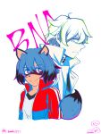  2020 absurd_res anime anthro black_body black_fur black_hair black_nose blue_body blue_eyes blue_fur blue_hair brand_new_animal brown_body canid canine clothed clothing coat collar female fluffy fluffy_tail fur hair hi_res human jacket looking_at_viewer male mammal michiru_kagemori multicolored_body multicolored_fur multicolored_hair n_tawako3175 portrait raccoon_dog shirou_ogami shirt simple_background studio_trigger tanuki topwear white_background white_hair 