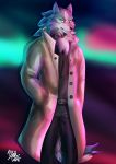  2020 anthro belt blue_body blue_fur bottomwear brand_new_animal canid canine canis clothed clothing coat collar fluffy fluffy_tail fur green_eyes hands_in_pockets hi_res looking_at_viewer male mammal pants pockets portrait shirou_ogami solo standing studio_trigger three-quarter_portrait topwear white_body white_fur wolf xiao4yan2 