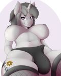  4:5 absurd_res anthro anthrofied areola big_breasts biped bite biting_lip biting_own_lip booponies breasts bulge clothed clothing equid fishnet fishnet_legwear grey_body grey_hair gynomorph hair hands_behind_back hi_res horn intersex legwear looking_at_viewer low-angle_view lying mammal mostly_nude my_little_pony nipples on_back panties pink_background purple_eyes rainbow_crash self_bite simple_background smile solo thong topless underwear unicorn worm&#039;s-eye_view 