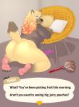  2020 animal_crossing anthro big_butt bottomless breasts butt canid canine canis chair clothed clothing curvy_figure dialogue digital_media_(artwork) english_text eyelashes eyeshadow feather_duster female fur furniture hair hi_res hindpaw huge_butt jewelry kneeling looking_at_viewer looking_back makeup mammal mature_female multicolored_body multicolored_fur multicolored_hair nintendo open_mouth paws presenting presenting_hindquarters raised_tail ring rosanne_(artist) sex_toy simple_background smile soles solo text thick_thighs two_tone_body two_tone_fur two_tone_hair video_games vivian_(animal_crossing) voluptuous wavy_hair wide_hips wolf 