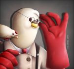  2019 alternate_species ambiguous_gender anthro archimedes_(team_fortress_2) avian beak bird blood blood_on_face bodily_fluids carrying clarissa_arts clothing columbid dove duo eyewear feathers feral furrification glasses gloves grey_background handwear hi_res male medic_(team_fortress_2) on_shoulder red_gloves simple_background team_fortress_2 topwear valve video_games white_body white_clothing white_feathers white_topwear yellow_beak 