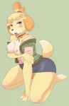  &lt;3 &lt;3_eyes animal_crossing anthro big_butt blush bodily_fluids breasts brown_eyes butt canid canine canis clothed clothing domestic_dog drooling female fur gaias-pitch-black-reborn-crow green_background hair hi_res isabelle_(animal_crossing) kneeling looking_at_viewer mammal narrowed_eyes nintendo nipples open_mouth pinup pose saliva shih_tzu simple_background solo teeth thick_thighs tongue tongue_out toy_dog tuft undressing video_games wide_hips yellow_body yellow_fur 