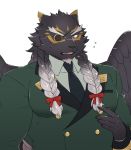  aaassstaro anthro black_body black_fur braided_hair clothing eye_patch eyewear felid fur hair male mammal muscular muscular_male necktie pantherine pigtails ribbons scar solo suit tezcatlipoca tokyo_afterschool_summoners video_games wings 