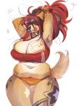  2020 absurd_res anthro arms_above_head belly big_breasts black_hair black_nose bottomwear bra breasts bypbap canid canine canis cleavage cleavage_overflow clothed clothing digital_media_(artwork) domestic_dog female fur hair hi_res huge_breasts huge_thighs long_hair mammal muffin_top multicolored_hair navel orange_bottomwear orange_clothing panties red_hair rowland_(bypbap) simple_background slightly_chubby solo standing tan_body tan_fur tattoo thick_thighs tongue tongue_out underwear wide_hips 