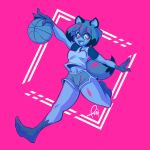  1:1 anime anthro ball barefoot basketball_(ball) blue_body blue_eyes blue_fur bottomwear brand_new_animal breasts canid canine clothed clothing cute_fangs female fluffy fluffy_tail fur hair happy hi_res jacket looking_at_viewer mammal michiru_kagemori multicolored_body navel open_mouth pizzacat raccoon_dog shorts solo studio_trigger tanuki topwear 