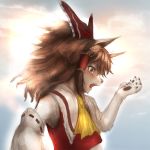  1:1 2019 ambiguous_gender animal_humanoid black_nose blush bodily_fluids brown_hair canid canid_humanoid canine canine_humanoid female_(lore) fur hair hawthorn humanoid mammal mammal_humanoid open_mouth outside pawpads reimu_hakurei ribbons solo sun surprise tears touhou transformation video_games white_body white_fur 