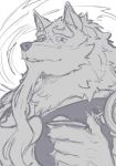  2020 5_fingers anthro canid canine canis facial_hair fingers fur greyscale holding_cup holding_object humanoid_hands ixkouu law_(sdorica_sunset) male mammal monochrome sdorica sdorica_sunset simple_background white_background wolf 