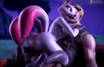  3d_(artwork) anthro breasts butt canid canine clothing digital_media_(artwork) duo epic_games female flat_chested fortnite fox fur genitals gloves glowing glowing_eyes hair handwear human kitsune_(fortnite) male mammal nails nipples nude pink_eyes pussy ssurface3d tongue tongue_out video_games white_body white_fur 