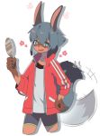  2020 5_fingers anime anthro black_nose blue_eyes blue_hair bottomwear brand_new_animal brown_body brown_fur canid canine clothed clothing cute_fangs female fingers fluffy fluffy_tail fur hair hand_on_hip hi_res holding_object hybrid jacket kashima_(ludao_mo) mammal michiru_kagemori mirror open_mouth portrait raccoon_dog shadow short_hair shorts simple_background solo studio_trigger tailwag tanuki three-quarter_portrait topwear white_background 