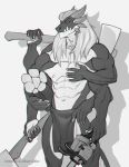  absurd_res anthro axe chainsaw clothing dragon hi_res hinarmiler loincloth male melee_weapon multi_arm multi_limb multi_pec power_tool solo standing tools weapon wood 