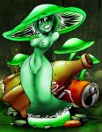  armless bottle breasts clenched_teeth elemental_creature female fungi_fauna fungus genitals green_body green_hair hair hi_res humanoid naga_(artist) nipples not_furry pussy solo surprise teeth transformation wide_hips 