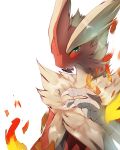  4:5 ambiguous_gender anthro avian beak bird black_body black_fur blaziken blue_eyes claws fire fur hair hi_res horn humanoid kazie-ru looking_at_viewer mega_blaziken mega_evolution multicolored_body nintendo pok&eacute;mon pok&eacute;mon_(species) red_body red_fur simple_background solo video_games white_background white_body white_fur white_hair 