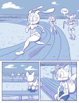  2020 aged_up amy_rose anthro athletic_wear bench big_breasts biped blaze_the_cat bleachers blue_and_white blue_background bottomwear bouncing_breasts breasts butt canid canine clothed clothing cloud comic comic_page cream_the_rabbit digital_media_(artwork) domestic_cat english_text eulipotyphlan felid feline felis female fingers footwear fox fur group hair hedgehog hi_res lagomorph legwear leporid loshon male mammal membrane_(anatomy) membranous_wings miles_prower monochrome outside rabbit rouge_the_bat running shirt shoes shorts simple_background sitting sky smile sneakers sonic_the_hedgehog_(series) sport standing t-shirt text topwear track_and_field video_games wings 