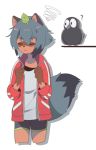  2020 5_fingers 9:14 ? ambiguous_gender anime anthro avian black_body black_feathers black_nose blue_body blue_fur blue_hair bottomwear brand_new_animal brown_body brown_fur canid canine clothed clothing duo eyes_closed feathers female feral fingers fluffy fluffy_tail fur hair hi_res jacket kashima_(ludao_mo) leaf mammal michiru_kagemori nude portrait raccoon_dog short_hair shorts simple_background studio_trigger tanuki tanuki_leaf three-quarter_portrait topwear white_background 