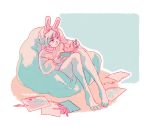  ambiguous_gender anthro ashleyloob baggy_clothing bean_bag bottomless clothed clothing digitigrade drawing fan_character female hair hi_res humanoid lagomorph leporid mammal notebook paper pencil_(object) pencil_case rabbit restricted_palette short_hair sitting solo sweater topwear 