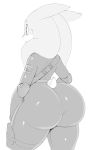  2020 alien big_butt black_and_white bodysuit butt clothed clothing girly greyscale hi_res male monochrome pose puwa rear_view skinsuit skoon_(character) sqoon straps tendrils thick_thighs tight_clothing 