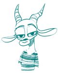  2020 ambiguous_gender antelope anthro blue_and_white bovid chico_(fuel) clothed clothing facial_markings fuel_(artist) gazelle green_and_white half-closed_eyes head_markings horn looking_at_viewer mammal markings monochrome narrowed_eyes shirt simple_background solo striped_shirt t-shirt topwear white_background 