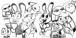  2020 ambiguous_gender anthro arm_tuft blush buckteeth bulletproof_vest clothed clothing dialogue dipstick_ears disney elbow_tufts english_text feral fuel_(artist) gesture greyscale hand_under_chin hi_res judy_hopps lagomorph leporid looking_at_viewer mammal monochrome multicolored_ears open_mouth open_smile pointing police_uniform rabbit shirt simple_background smile solo t-shirt teeth text topwear tuft uniform white_background zootopia 