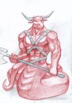  2020 5_fingers abs anthro belt biceps big_muscles bovid bovine cattle fantdragon fingers hi_res holding_object holding_weapon horn hybrid leather male mammal muscular muscular_male naga nude pecs red_body red_scales red_skin red_tail reptile scales scalie serpentine simple_background snake solo traditional_media_(artwork) weapon 
