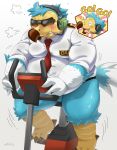  2020 animal_crossing anthro avian belly bird blue_body blush bodily_fluids clothing columbid dodo eyes_closed eyewear hi_res kemono male necktie nikiciy nintendo orville_(animal_crossing) overweight overweight_male shirt simple_background sitting solo_focus sunglasses sweat text topwear video_games white_background wilbur_(animal_crossing) 