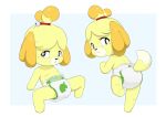  animal_crossing anthro blush canid canine canis diaper domestic_dog embarrassed female hi_res isabelle_(animal_crossing) looking_at_viewer lying mammal nintendo nyanyakotarou solo standing video_games 