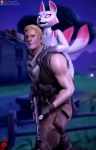  3d_(artwork) anthro breasts canid canine clothing digital_media_(artwork) duo epic_games female flat_chested fortnite fox fur gloves glowing glowing_eyes handwear human kitsune_(fortnite) male mammal nails nipples nude pink_eyes ssurface3d video_games white_body white_fur 