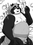  2020 anthro balls belly canid canine cute_fangs flaccid genitals hi_res japanese_text kemono male mammal monochrome moobs nipples overweight overweight_male penis raccoon_dog shintatokoro solo tanuki text 