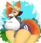  absurd_res anthro beanie big_breasts bottomwear breasts canid canine clothing cloud dipstick_ears eyewear female fox furgonomics glasses hat headgear headwear hi_res huge_breasts inner_ear_fluff jacket jhenightfox mammal multicolored_ears outside shirt shorts signature sky solo thick_thighs topwear tuft wide_hips 