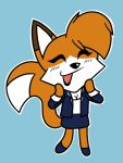  3:4 anthro blush bottomwear canid canine clothing female footwear fox happy jacket mammal rebecca_cyrus shirt shoes simple_background skirt solo sticker suit thelonecrow topwear whitephoenix52_(artist) 